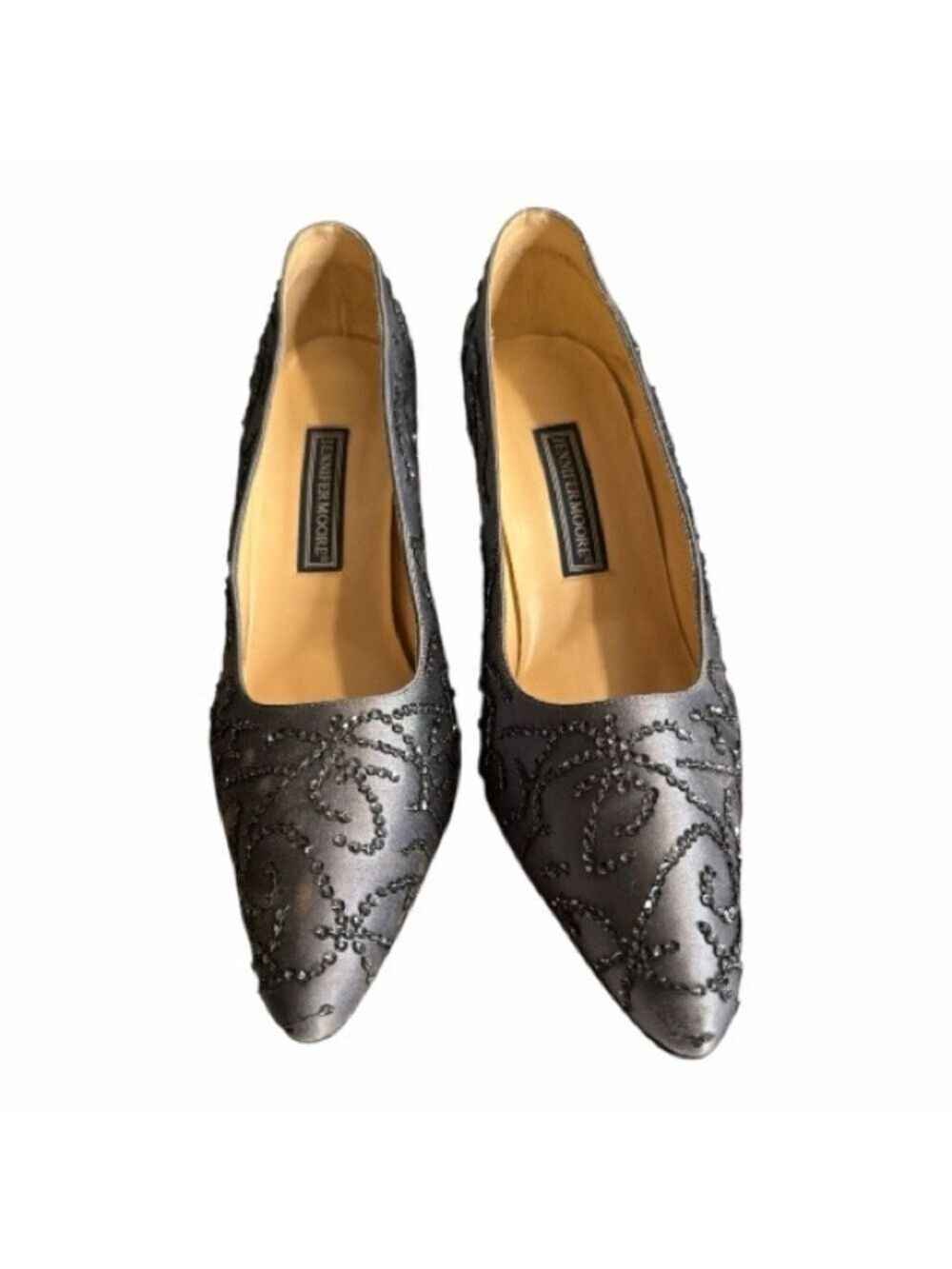 Vintage Jennifer Moore Satin Gray Silver Embellished Heels
